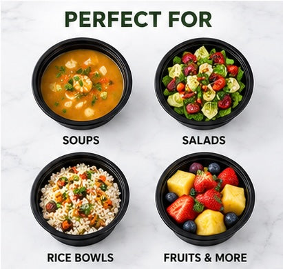 16 oz Round Black Food Containers with Clear Lids – 50 Sets