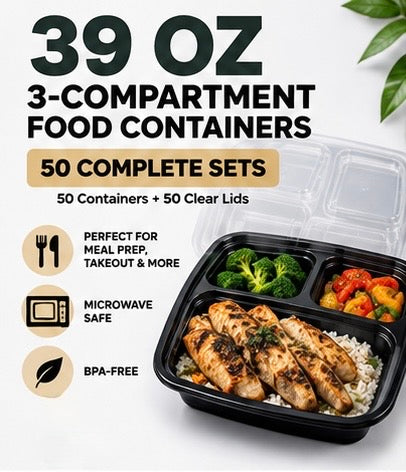 39 oz 3-Compartment Meal Prep Containers with Clear Lids – 50 Sets