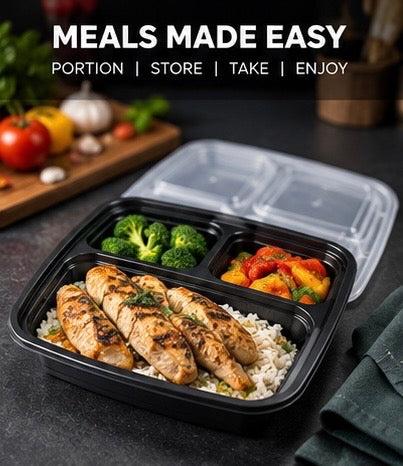 39 oz 3-Compartment Meal Prep Containers with Clear Lids – 50 Sets