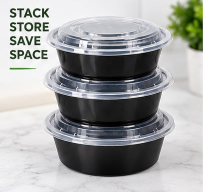 16 oz Round Black Food Containers with Clear Lids – 50 Sets