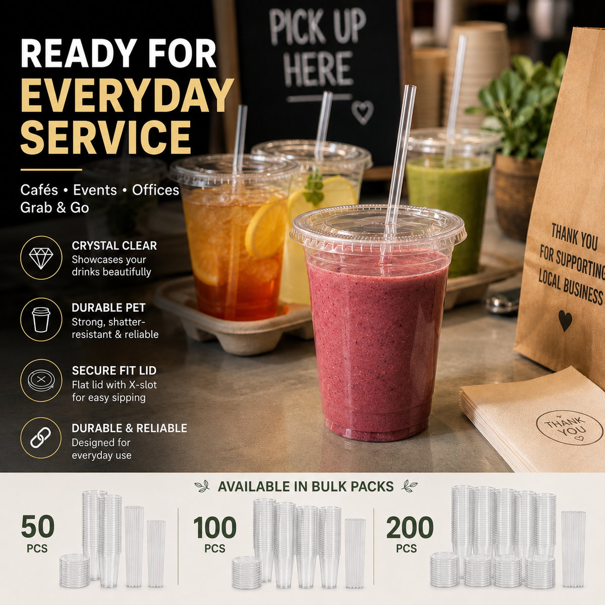 16 oz Clear PET Cold Cups with Flat Lids & Straws