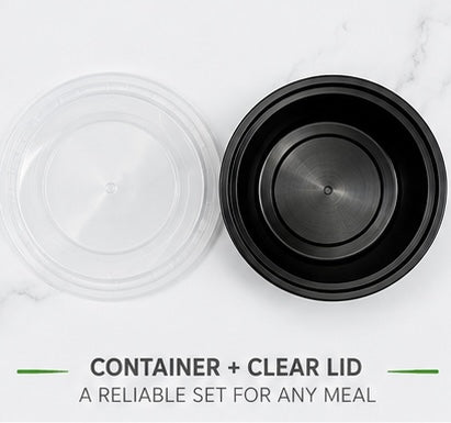 16 oz Round Black Food Containers with Clear Lids – 50 Sets