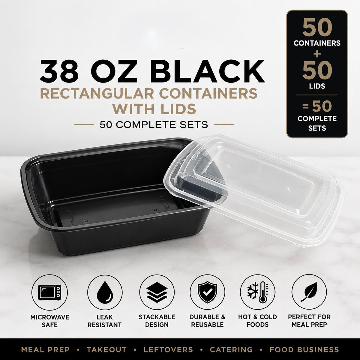 38 oz Black Rectangular Meal Prep Containers with Lids
(50 set)