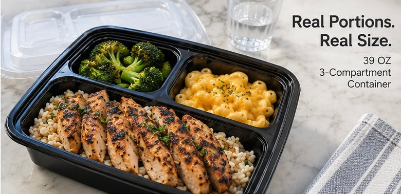 39 oz 3-Compartment Meal Prep Containers with Clear Lids – 50 Sets