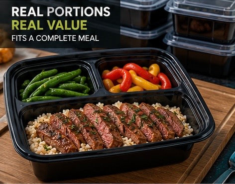 39 oz 3-Compartment Meal Prep Containers with Clear Lids – 50 Sets