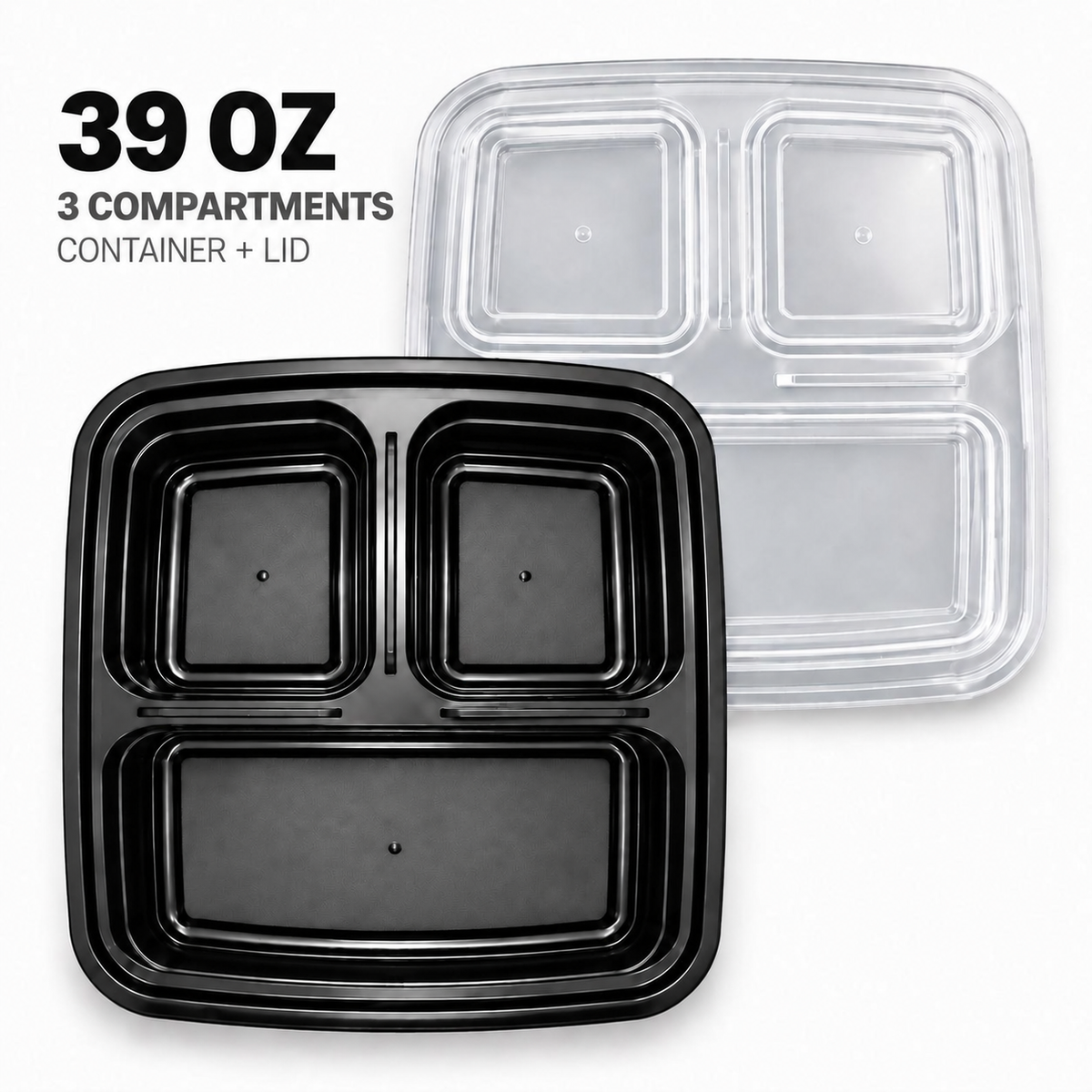 39 oz 3-Compartment Meal Prep Containers with Clear Lids – 50 Sets