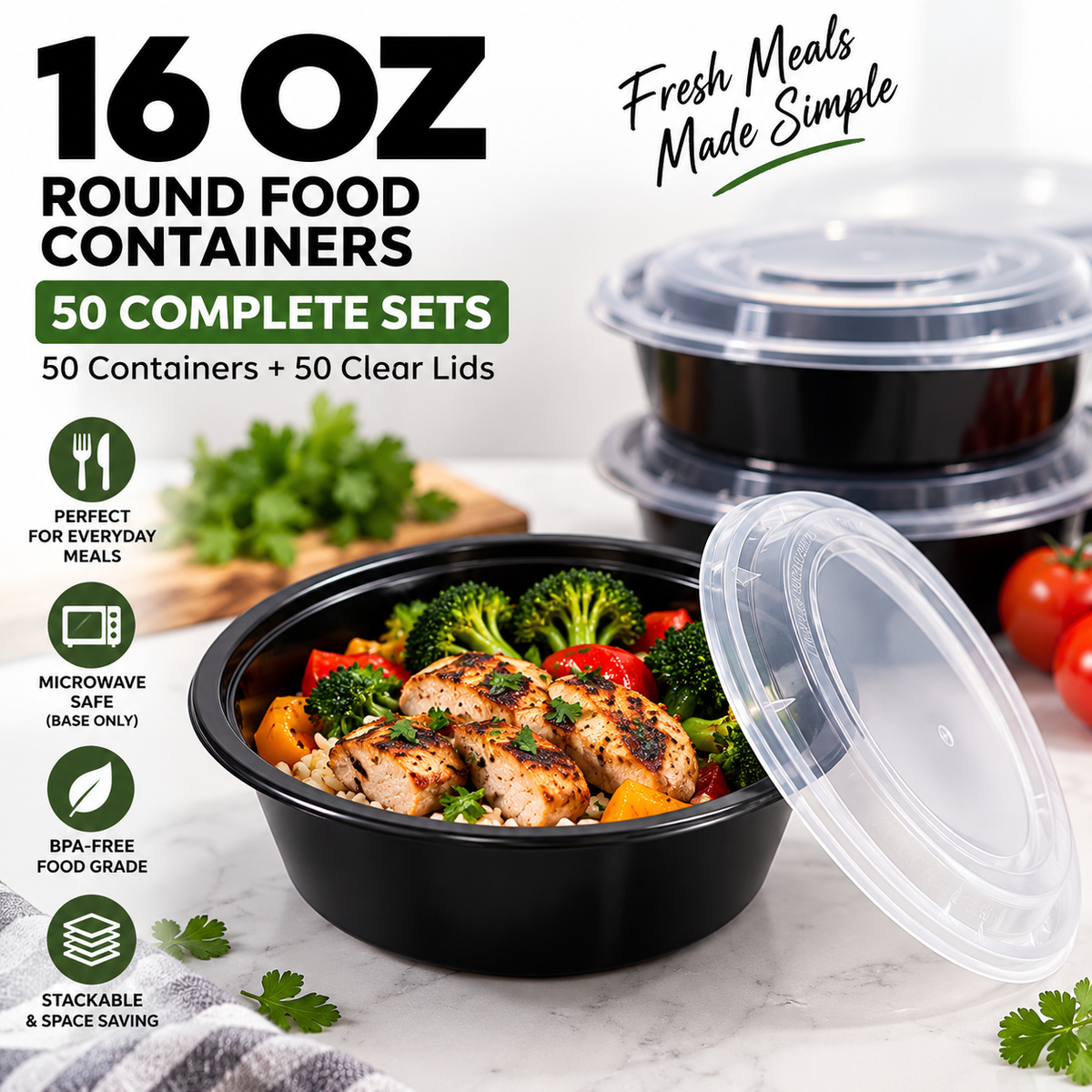 16 oz Round Black Food Containers with Clear Lids – 50 Sets