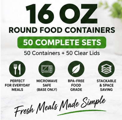 16 oz Round Black Food Containers with Clear Lids – 50 Sets