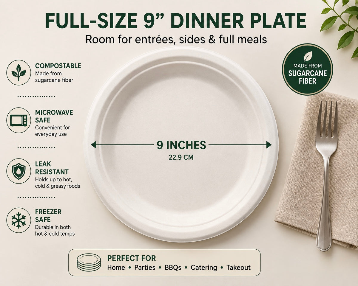 9" Compostable Bagasse Dinner Plates