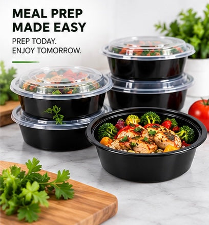 16 oz Round Black Food Containers with Clear Lids – 50 Sets
