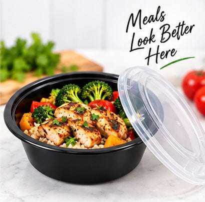 16 oz Round Black Food Containers with Clear Lids – 50 Sets