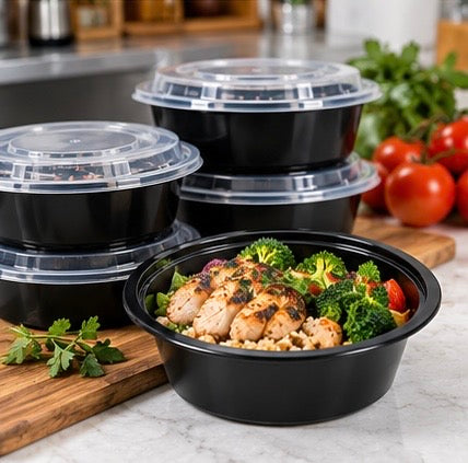 16 oz Round Black Food Containers with Clear Lids – 50 Sets