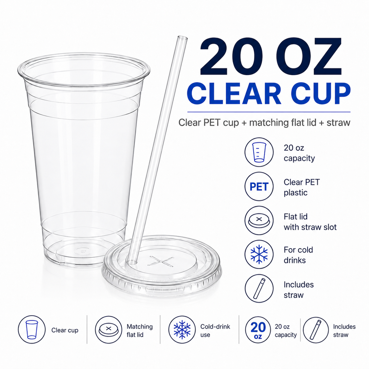 20 oz Clear PET Cold Cups with Flat Lids & Straws