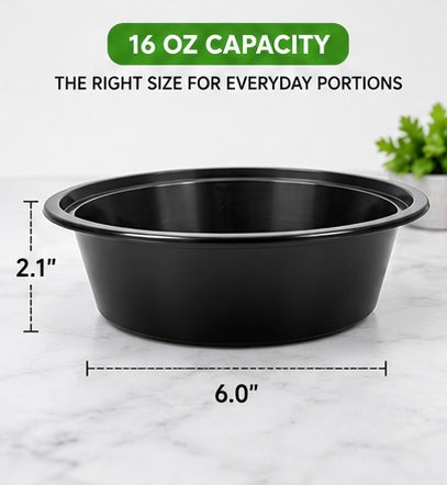 16 oz Round Black Food Containers with Clear Lids – 50 Sets