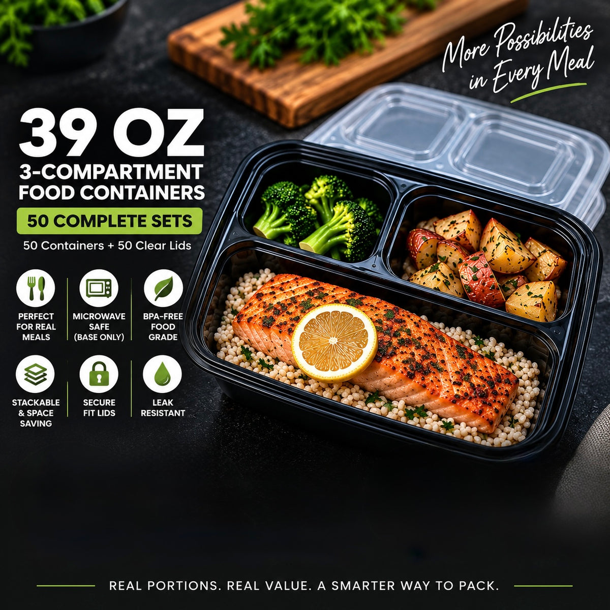 39 oz 3-Compartment Meal Prep Containers with Clear Lids – 50 Sets