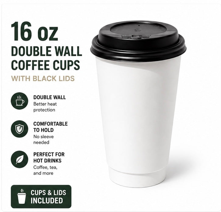 16 oz Double Wall Coffee Cups with Black Lids – Disposable Hot Cups