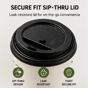 12 oz White Paper Coffee Cups with Black Lids – Single Wall
