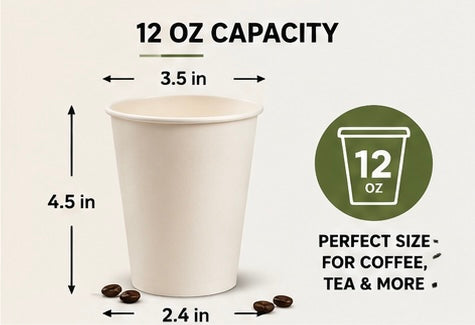 12 oz White Paper Coffee Cups with Black Lids – Single Wall