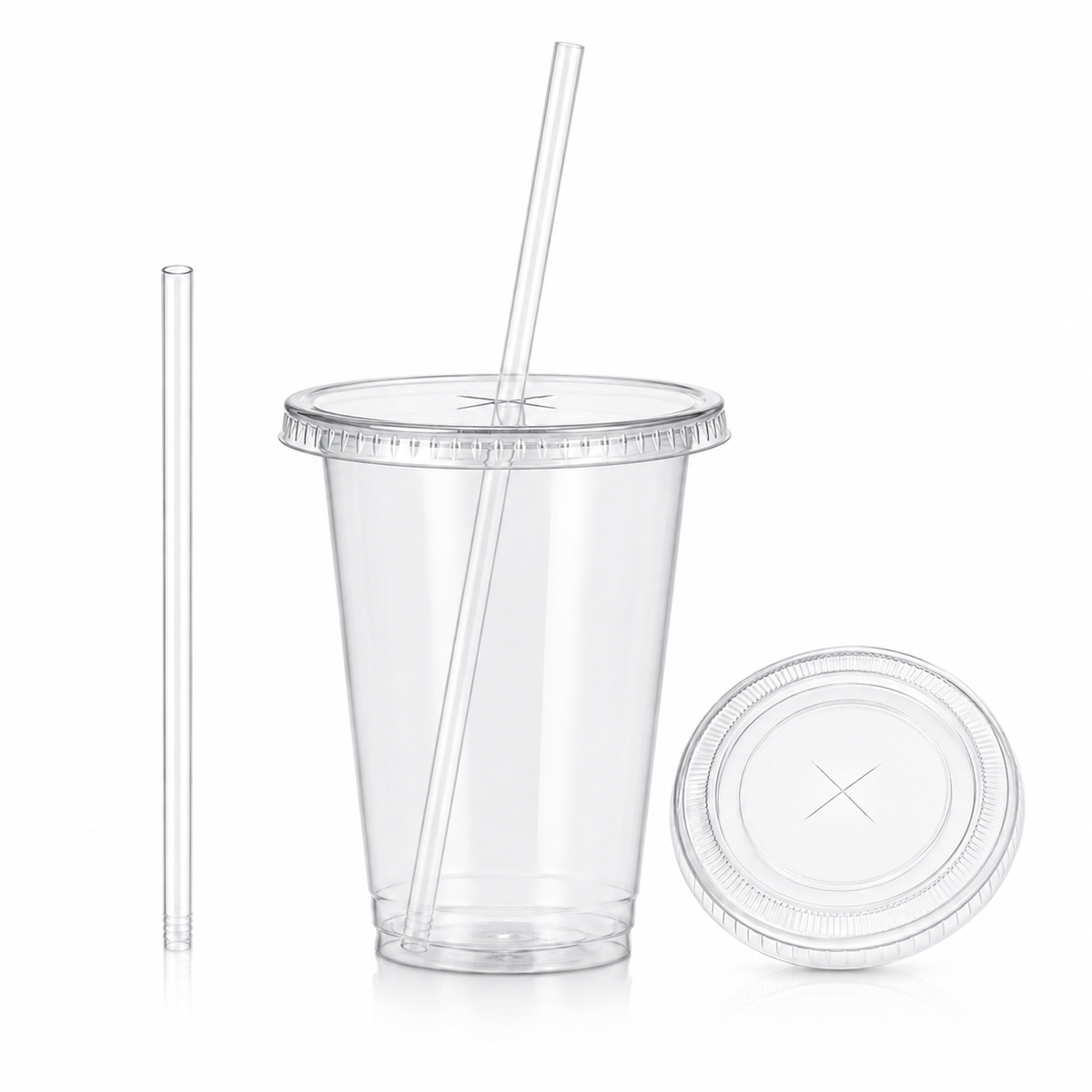 16 oz Clear PET Cold Cups with Flat Lids & Straws