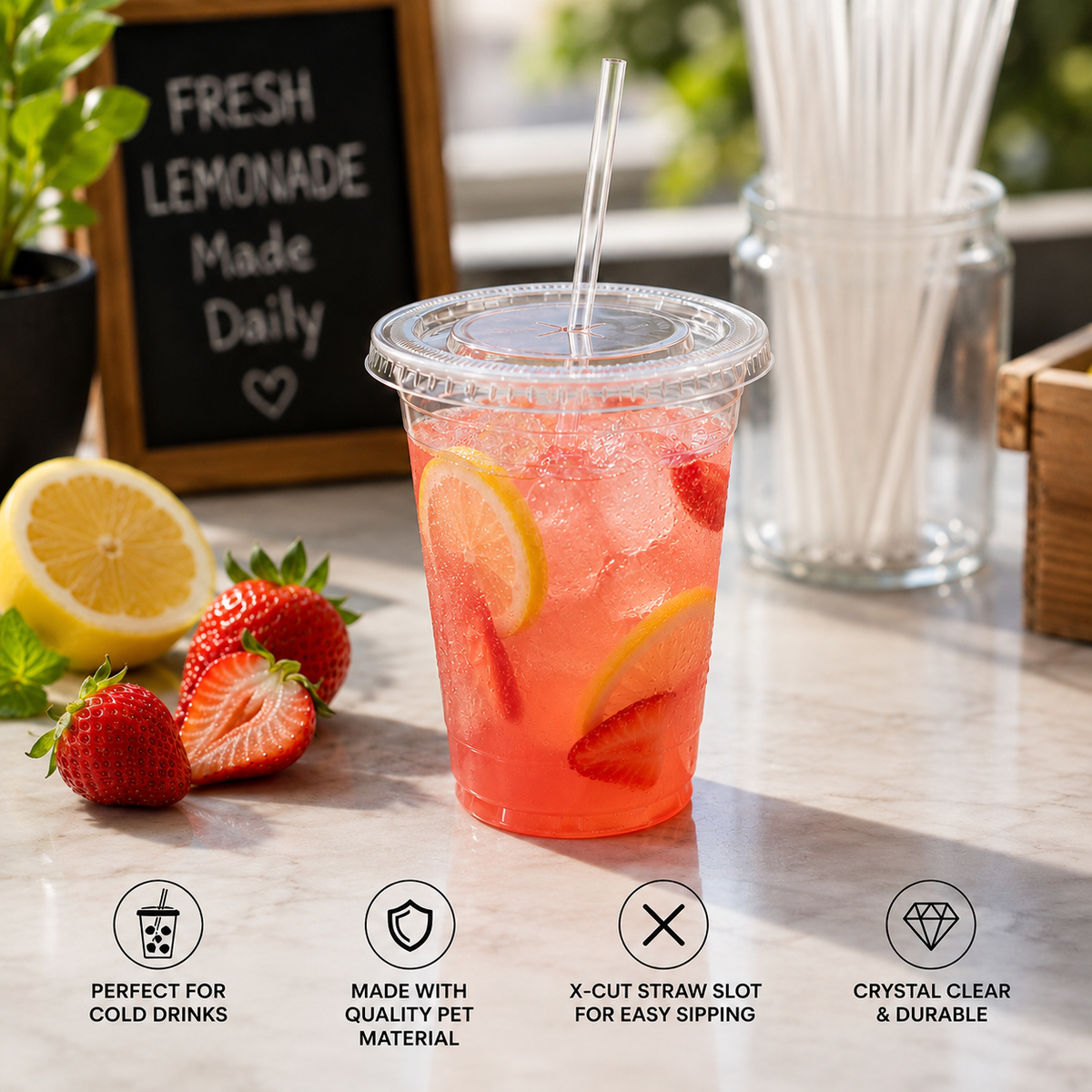 16 oz Clear PET Cold Cups with Flat Lids & Straws