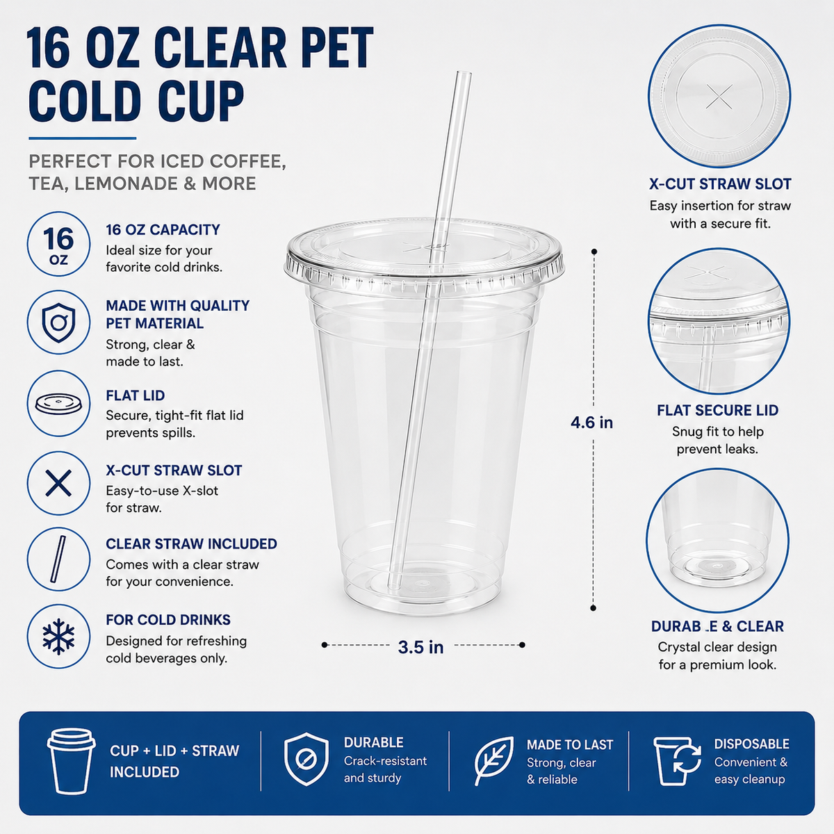 16 oz Clear PET Cold Cups with Flat Lids & Straws