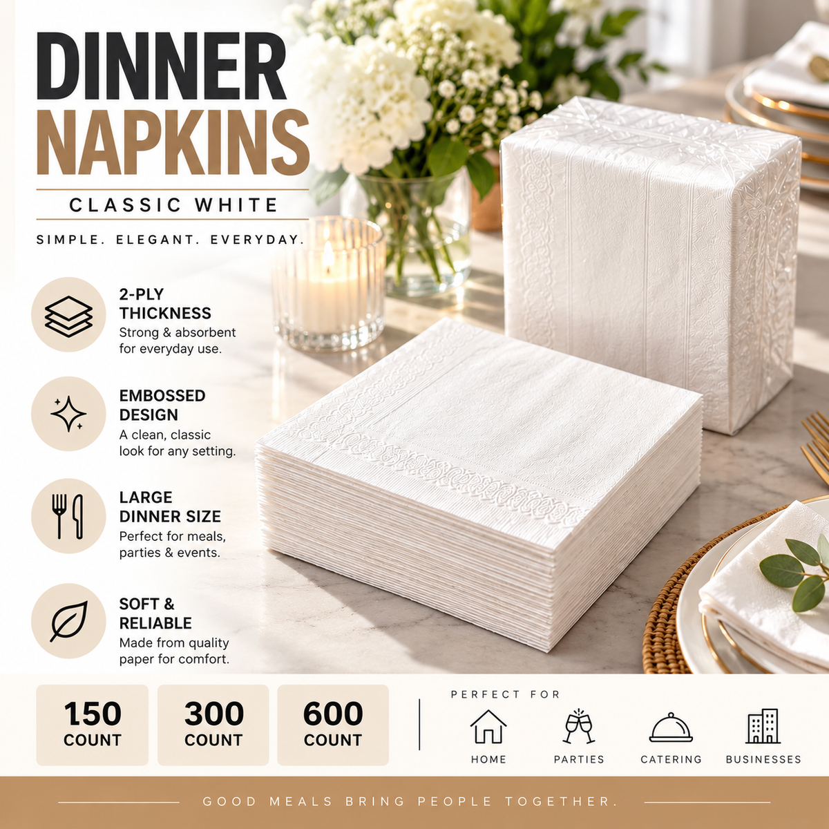 Dinner Napkins – 2-Ply | 150–600 Count