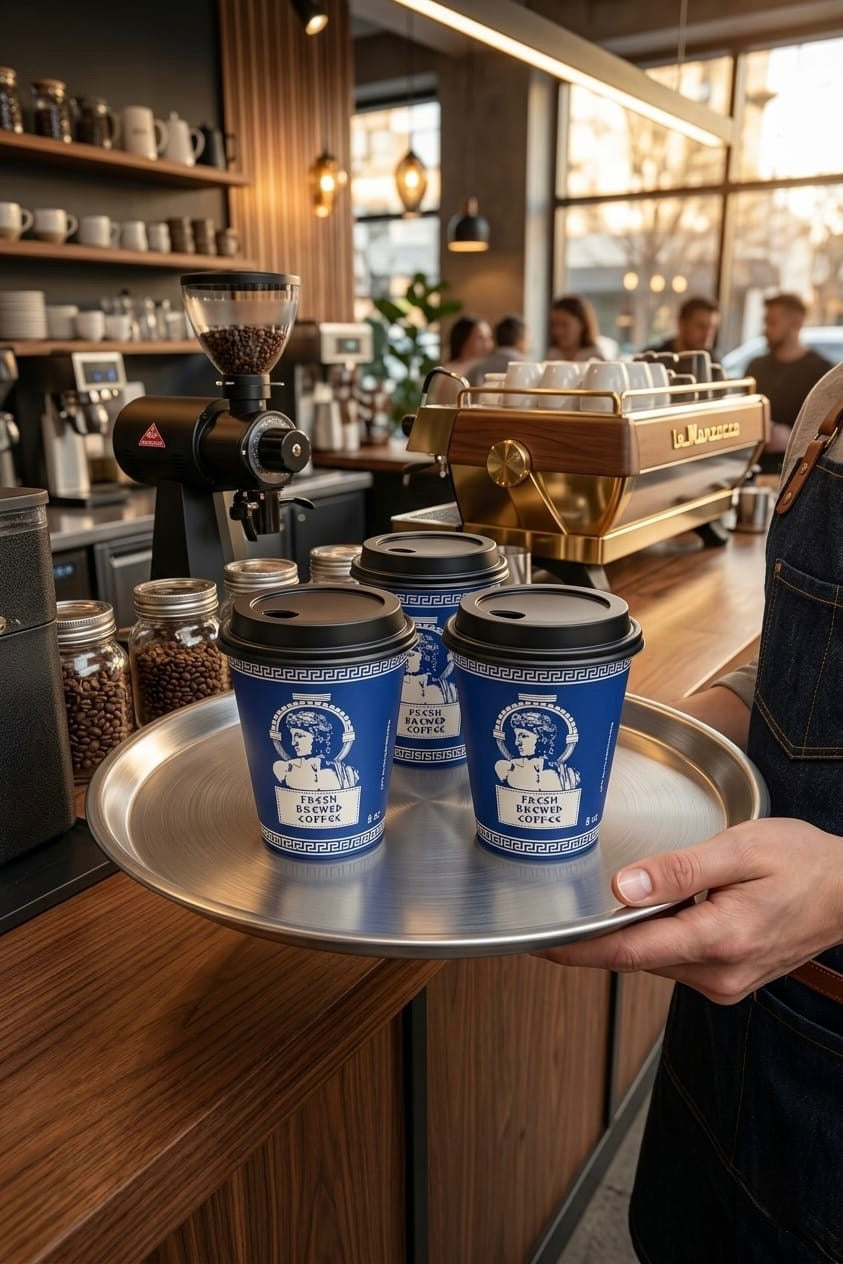 8 oz blue Greek design Coffee Cups with Black Lids