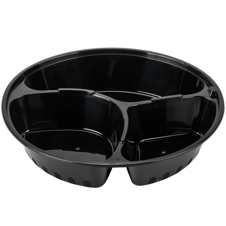 48 oz 3-Compartment Black Round Container with Lid.  100 piece (50 set)