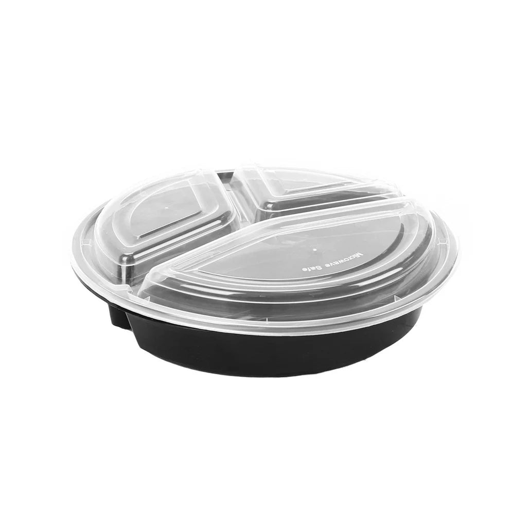 48 oz 3-Compartment Black Round Container with Lid.  100 piece (50 set)