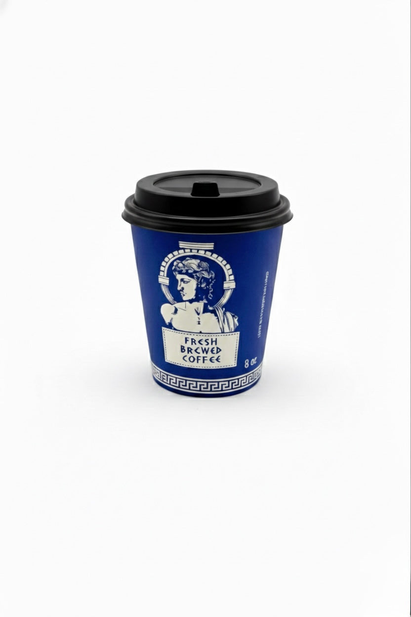 8 oz blue Greek design Coffee Cups with Black Lids
