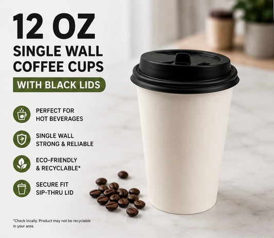 12 oz White Paper Coffee Cups with Black Lids – Single Wall