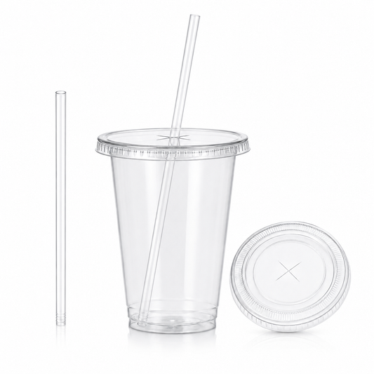 16 oz Clear PET Cold Cups with Flat Lids & Straws